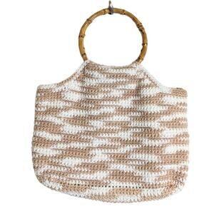 Boho Cottagecore Knit Wood Handle Handbag Floral Interior Wood Handle